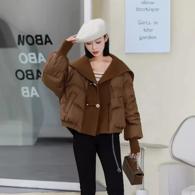 Winter Warm Coat Knitted Large Lapel Down Jacket 2024 New Korean Design Parker Coat Fashion Knitted Splicing Short Down Jacket