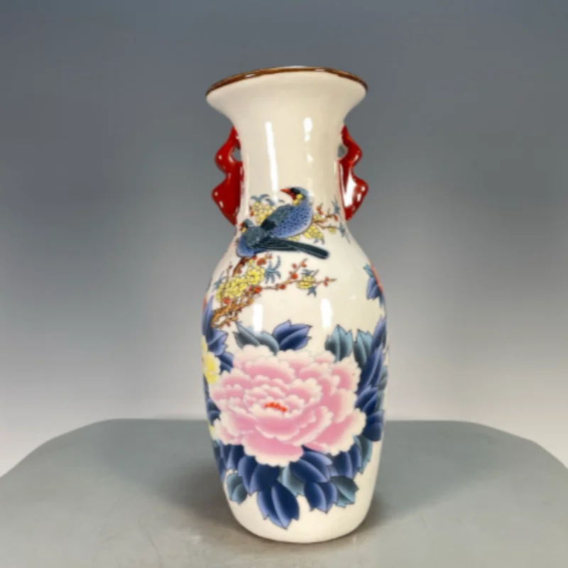 Antique Famille Rose Ceramic Peony & Bird Pattern Double-Ear Vase - Chinese Home Desktop Decor, Exquisite Collectible Ornament