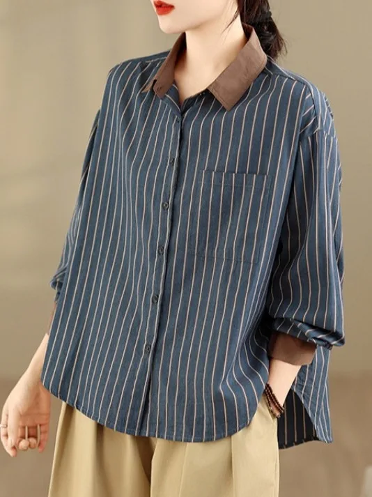 

2026 New Retro Printed Striped Casual Long Sleeve Shirt Large Size Women's Color Block Collar Single Button Open Cardigan Trendy