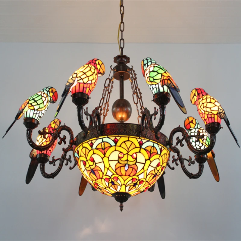 Tiffany Vintage Parrot Chandelier Stained Glass 8 Arms Luxury Decor LED Ceiling Hanging Lamp Bedroom Dining Living Pendant Light