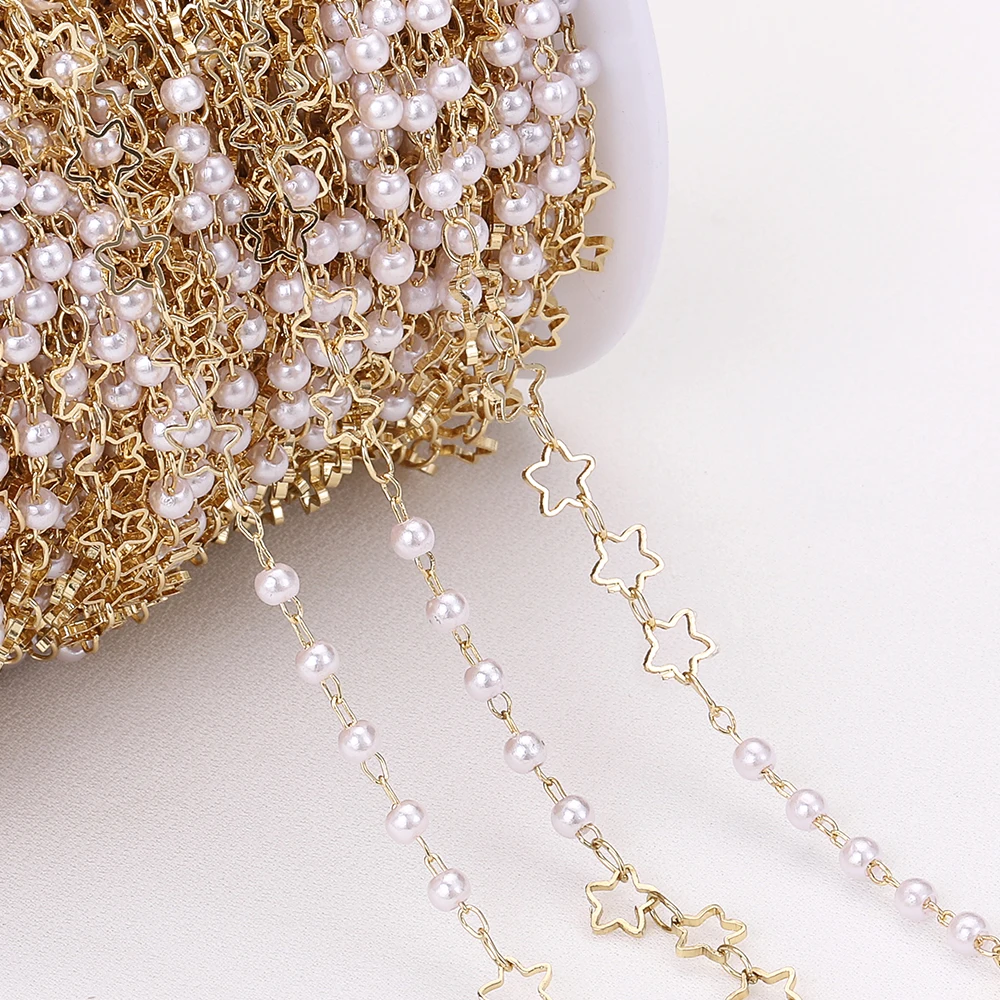 1Meter Silver Color Necklace Chain Star Imitation Pearl Bead Chain Cable Copper Chain Findings Jewelry Making Component DIY Bulk