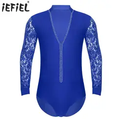 Mens Sparkling Rhinestones Latin Ballroom Dance Performance Costume Long Sleeves Bodysuit Shirt Tops Tango Latin Leotard Costume
