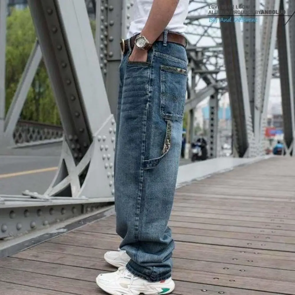 Men Jeans Fashion Blue Baggy Multi Pockets Hip Hop  Designer Skateboard Loose Large Size Printed Streetwear Harajuku