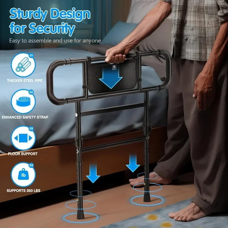 Bed Rails for Elderly Adults Safety Foldable  Adjustable Heights, Storage Pocket& Safety Belt, can Withstand 450LB