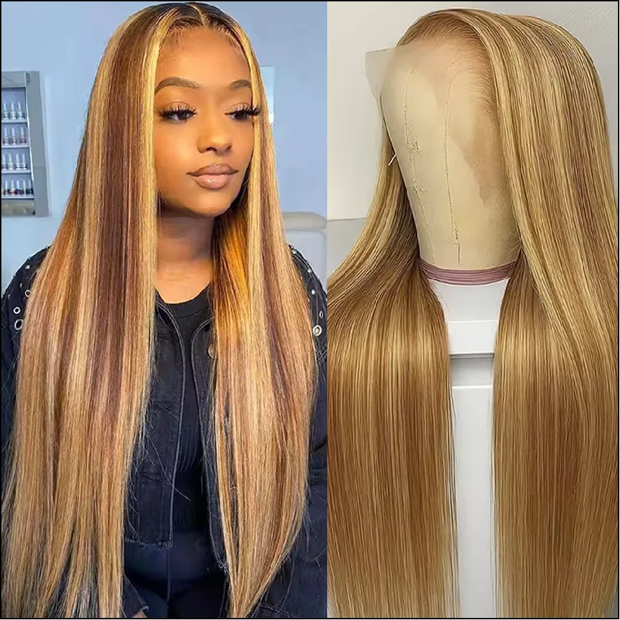 200% High Density 36 Inches Long-length 13x6 13x4 HD Transparent Lace Frontal Wig Highlight Piano Color Human Hair Wigs Bone Straight P4/27 Pre Plucked For Women Brazilian Hair