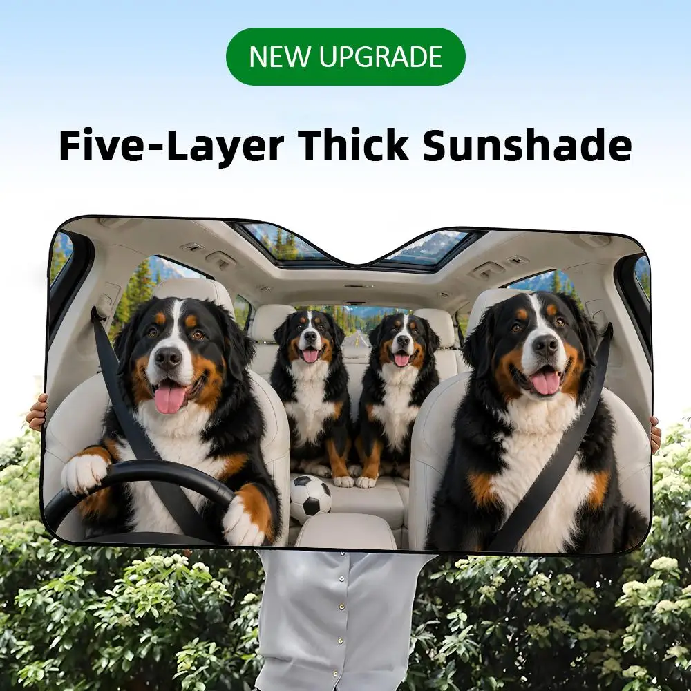A five-layer thick car windshield sunshade with a funny graphic print of Bernese Mountain Dogs throwing a soccer party.