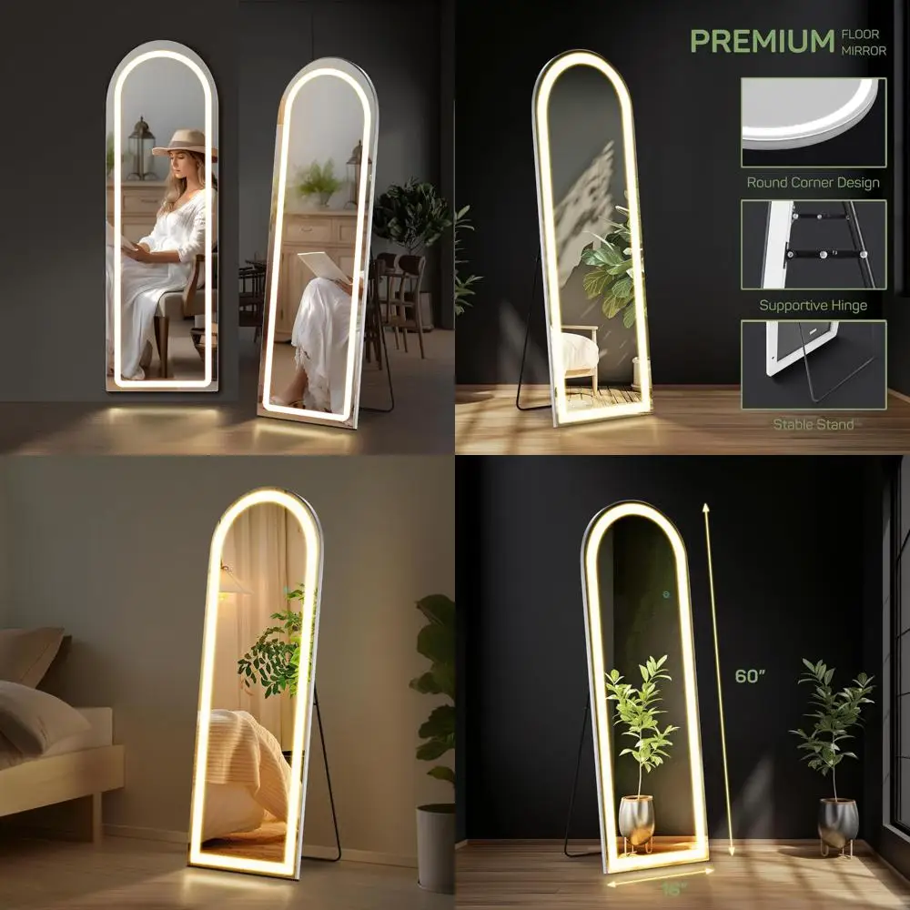 LED-verlichte gebogen vloerspiegel, 16x60 inch hoge staande leunende wandspiegel met standaard, volledige lengte lichaamsspiegel voor thuis D