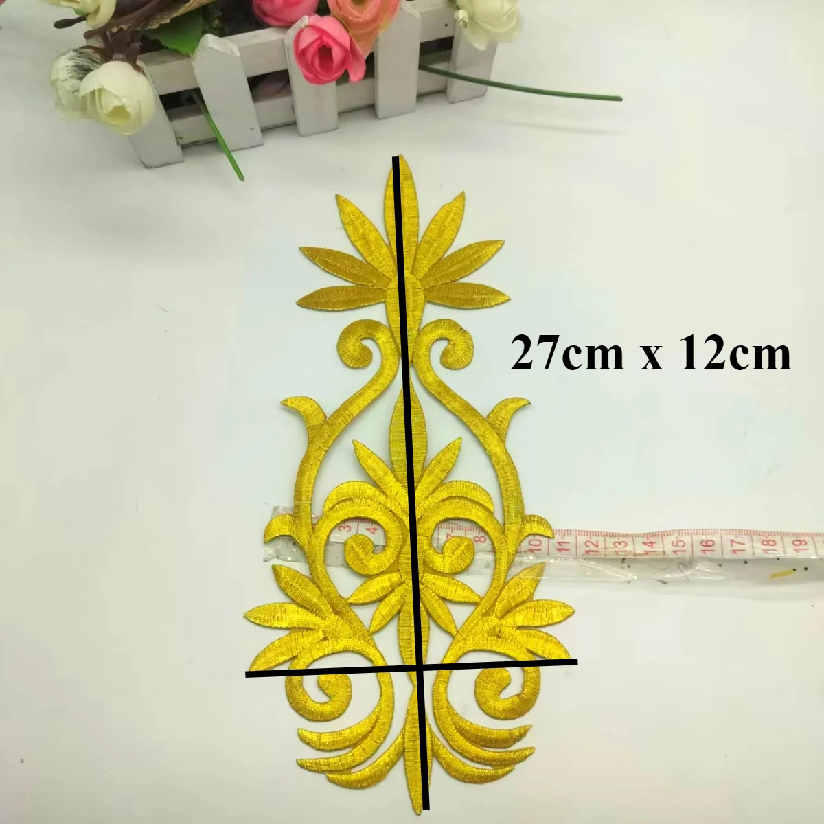 Gold Embroidered Patches Iron On Appliques Flower Diy Trims Metallic Gold And Silver 27*12cm