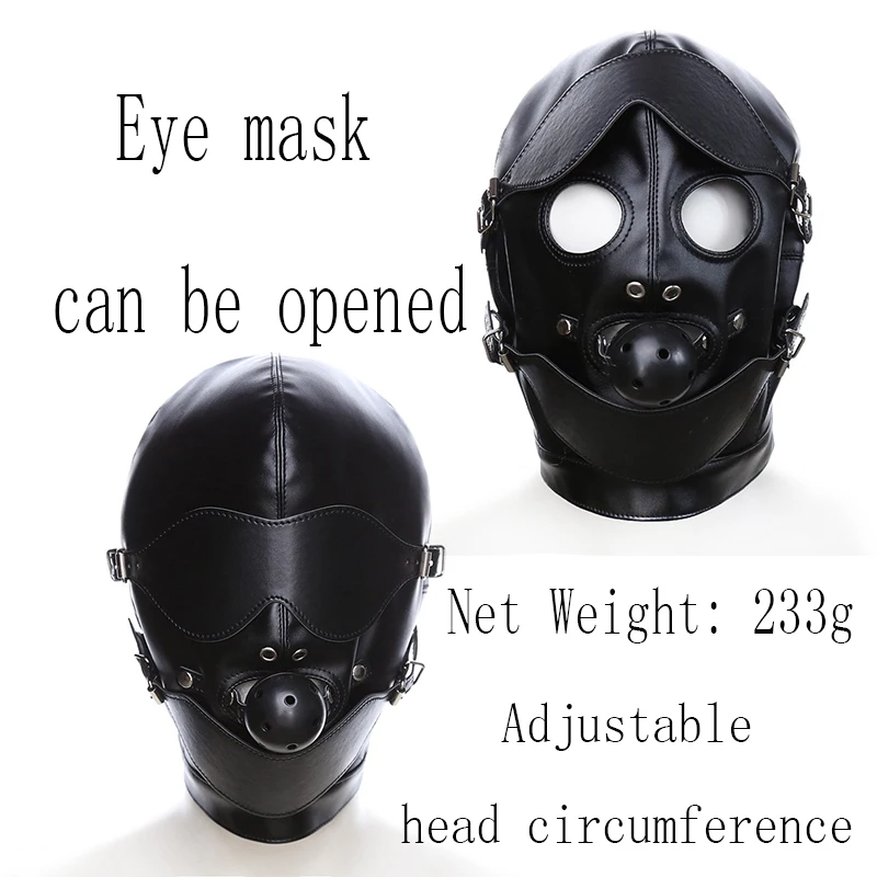 PU Leather Total Sensory Deprivation Full Head Bondage Hood Headgear Mouth Open Lockable Gimp Bondage BDSM Sex Toy for Couple