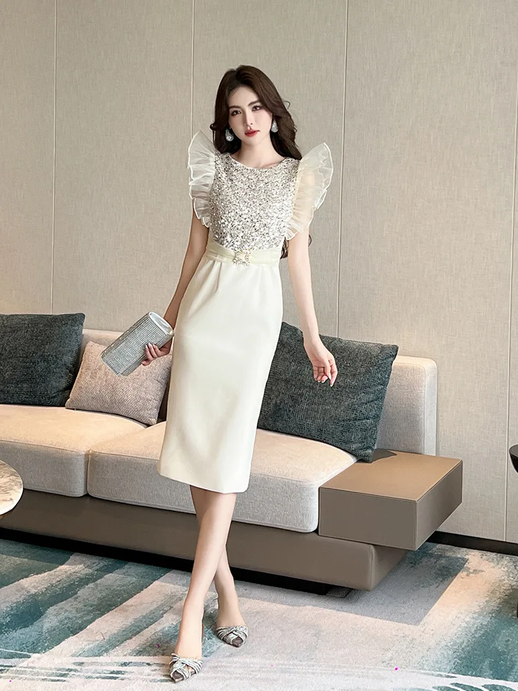 

Coigarsam Women's Summer Dress New Office Lady Solid Flying Sleeve Zipper O-Neck High Waist Sequins Apricot Dresses