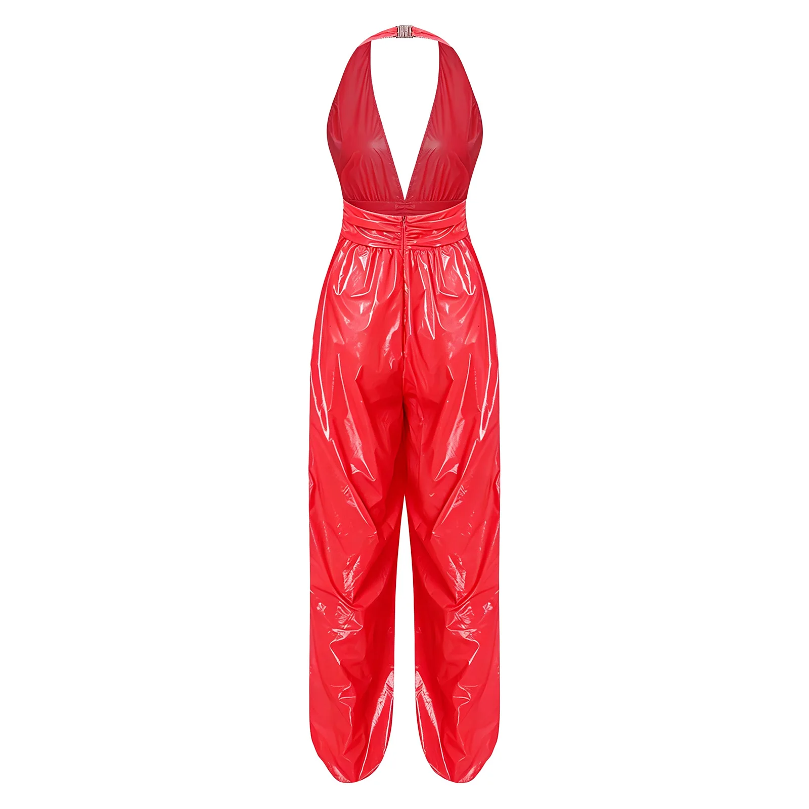 Women Halter Backless Jumpsuit Water Resistant Ruched Waist Side Split Back Zipper Bodysuit for Pole Dance Club Carnival Party