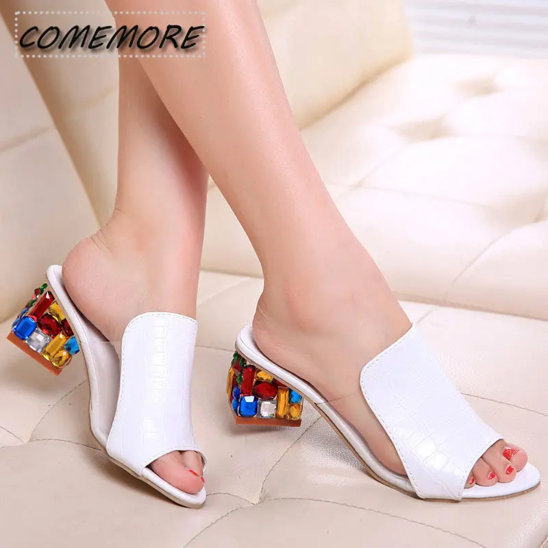 Crystal Sandals Ladies Open Toe Square Heels Fashion Spring Elegant  Women\'s Summer Footwear 2023 New Sandalia Feminina Slippers