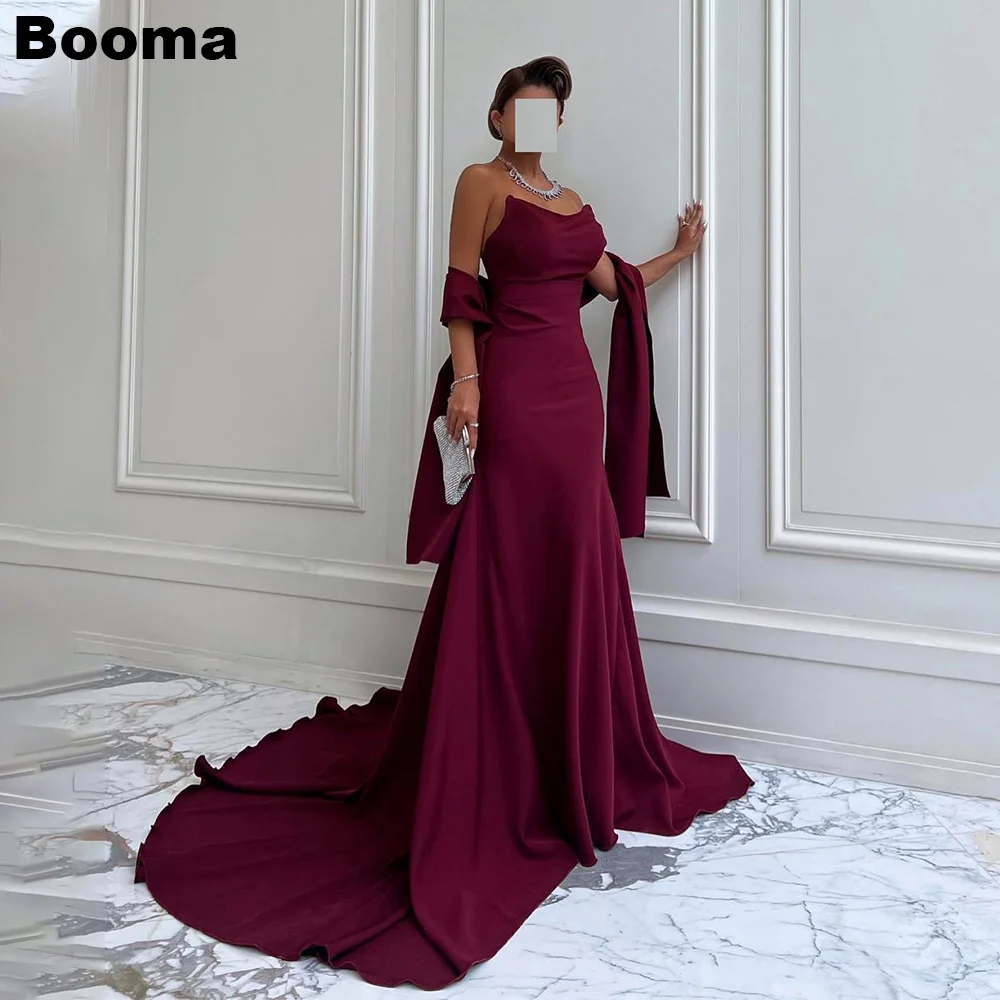 

Booma Burgundy Stain Mermaid Formal Gowns Strapless Pleat Cape Dubai Evening Dresses Sweep Train Long Party Prom Dress for Women