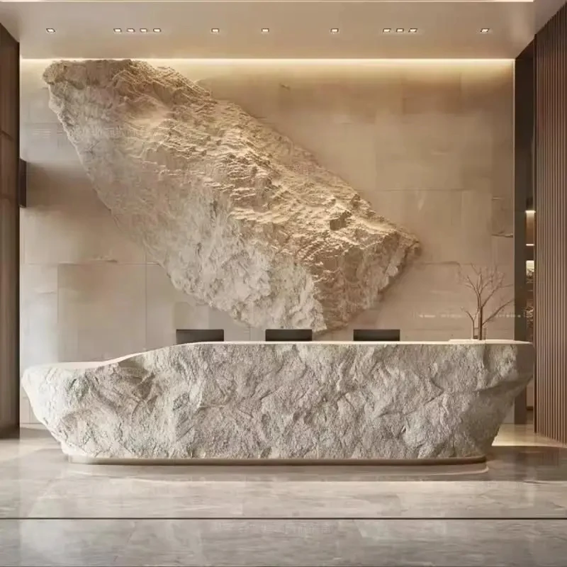 custom.Custom Design Office Counter Natural Stone-Patterned Desk FRP Material Reception Desk Hotel Restaurant Showroom view 2