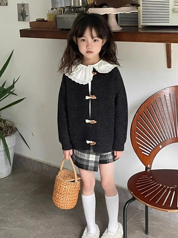 Girls Suits 2024 Autumn Winter New Small Fragrant Knitted Cardigan Plaid Culottes Set Female Treasure Top Pants Two-piece Set