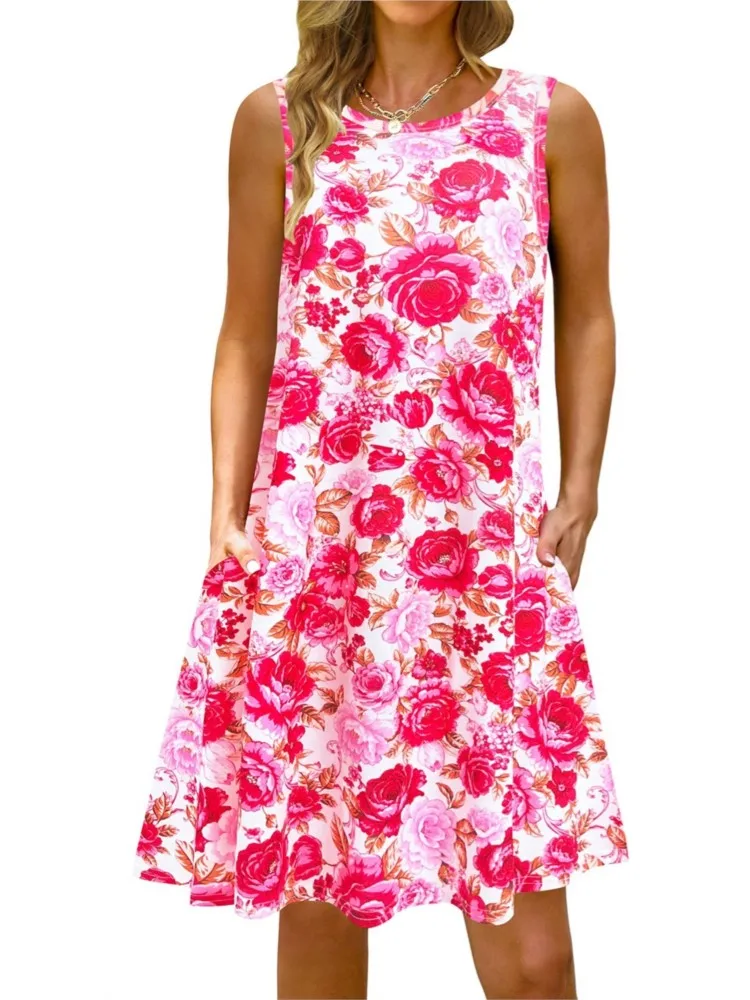 Abito con stampa floreale alla moda Lady Casual O Collo senza maniche Abiti larghi per le donne Estate Boho Holiday Beach Gonna Abbigliamento da donna