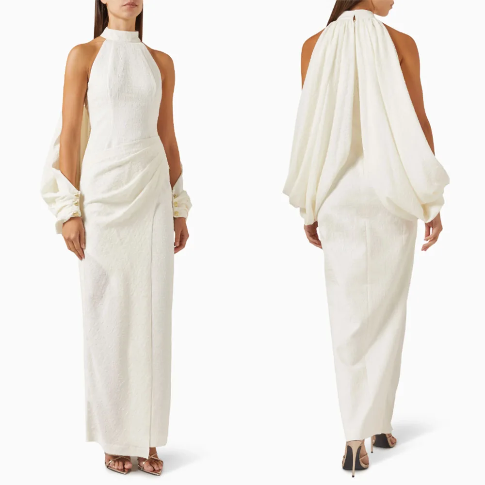 

High Quality Customized Sleeveless Ankle Length White Halter Wrinkle Women Vestidos De Fiesta Para Bodas Party Dresses فساتين