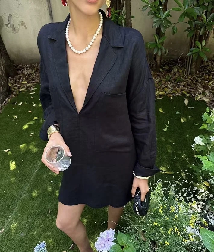 Frauen faulen Stil gekerbt voller Ärmel 100% Leinen Mini kleid