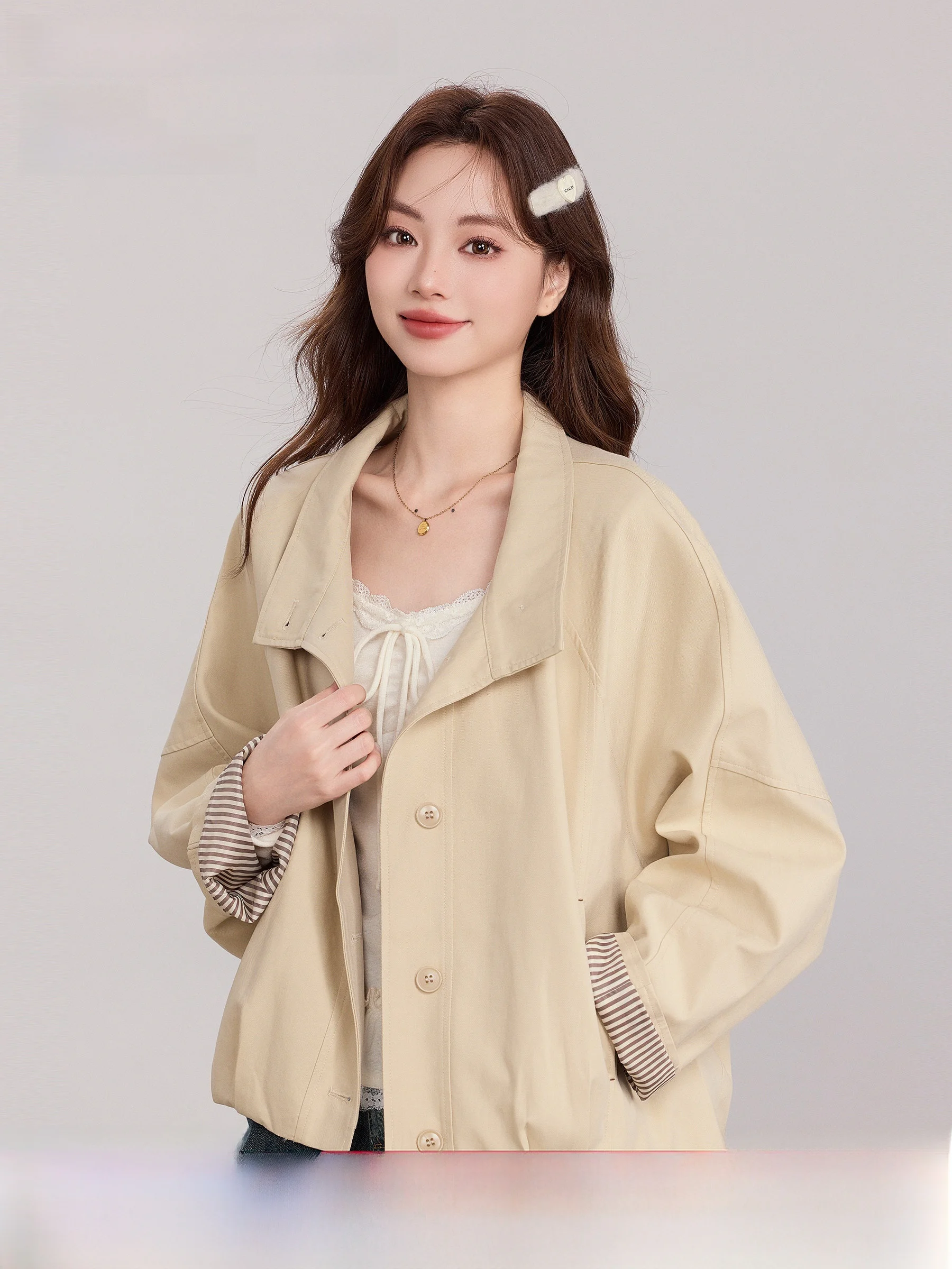 

Yellow Stand Collar Workwear Jacket Short Women's Shirt Versatile Simple Style Spring New Arrival by Lingjiu Sweet Style