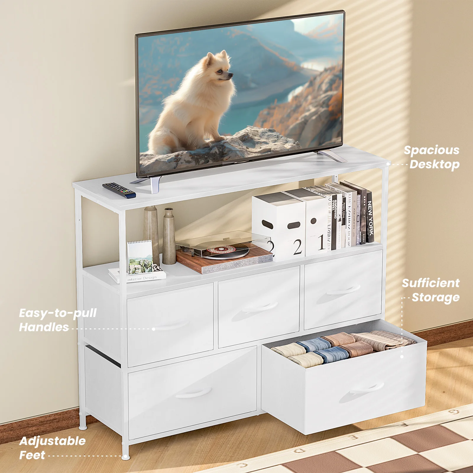 MCQ TV Stand Dresser with 5 Fabric Storage Drawers Media Console Featuring Open…