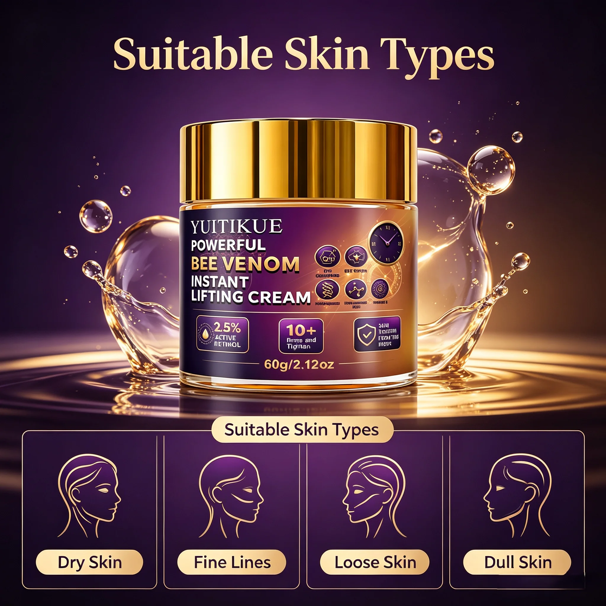 YUITIKUE Bee Venom Instant Lifting Cream 60g 2.5% Retinol Q10 Hyaluronic Acid Firm Tighten Anti Wrinkle Anti Aging Facial Cream