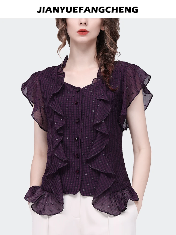 Fashion Women Short Sleeve Ruffles Chiffon Blouse Short Sleeve Square Neck Purple Plaid Shirt Elegant Slim Vintage Casual Tops