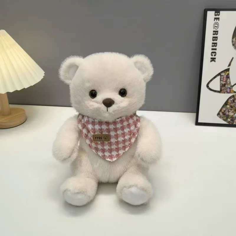 Cute Bear and Rabbit Plush Toy with Houndstooth Bandana Soft Stuffed Animal for Kids Gift Home Decor Doll for Birthday Present