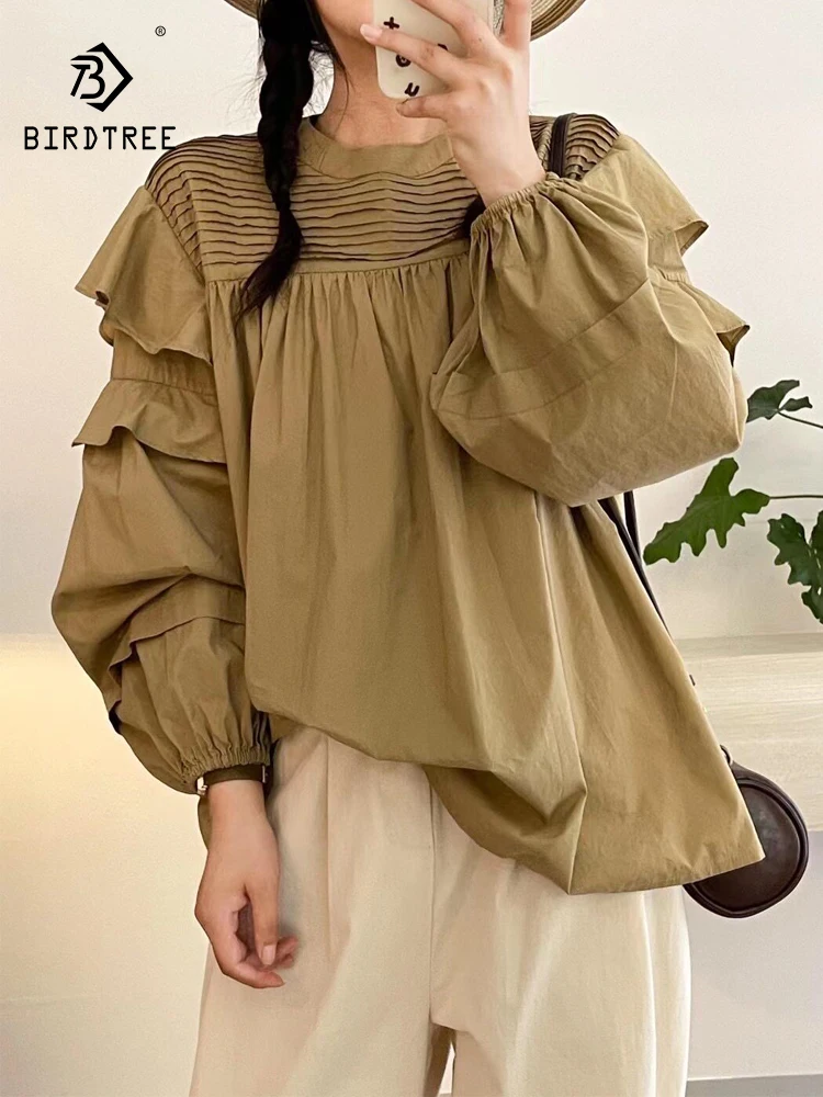 

Новая женская хлопковая блузка с пышными рукавами и оборками, круглый вырез, в стиле Mori Girl, ретро, японский стиль, свободная, для повседневной носки, T62418CC