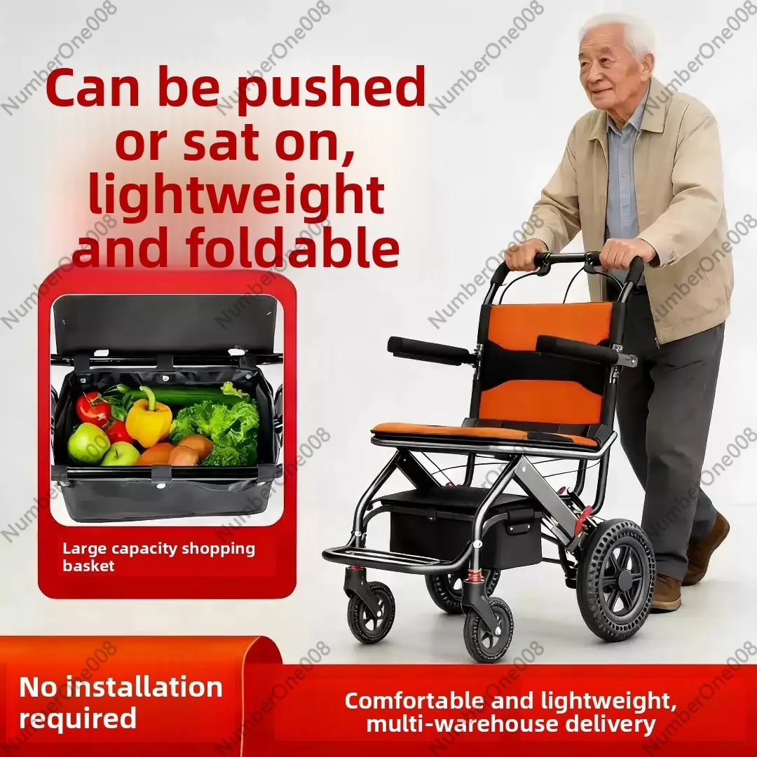 Wheelchair Ultra Lightweight Foldable Small Portable Travel Hand Push Belt Shopping Blue Scooter for The Elderly