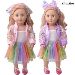 Zhexitoy 18 Inch Doll Clothes Set for Sequins Jacket, Gauze Skirt, Band Vest and Hair, Dolls Outfits, Profect for Girl's Gifts