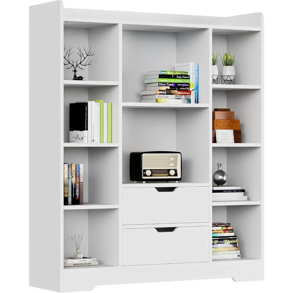 White Bookshelf, 4-Tier Open Shelf Bookcase with 2 Drawers and 10 Cubes, Wood Cube Storage Organizer Shelf for Bedroom