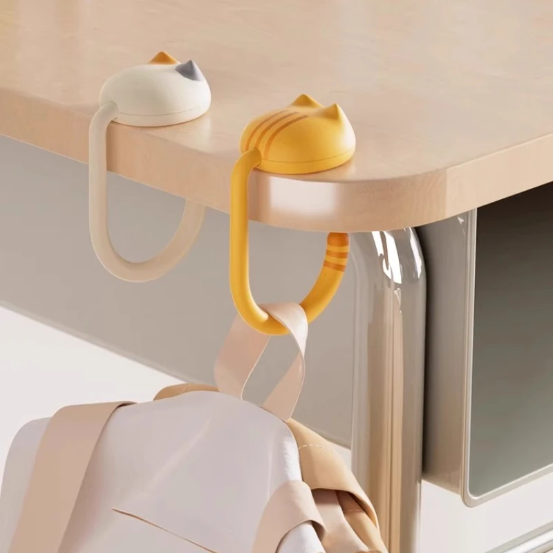 

Universal Hooks L-Shaped No Drill Cartoon Cat Hanger - Removable Mini Bag Hooks for Student Desk School Bag Organizer Side Mount