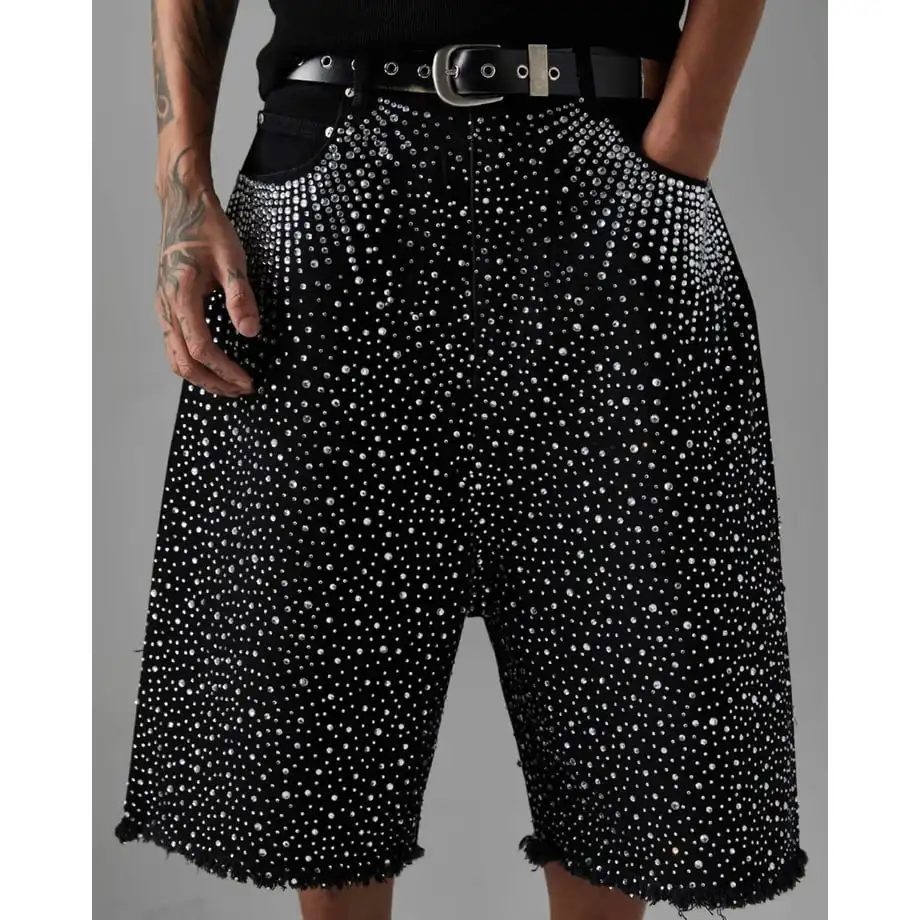 Y2k 2000s Rhinestone Sequin Denim Shorts Jeans Hip Hop Streetwear Mens Baggy Denim Gym Shorts Vintage Casual Basketball Shorts