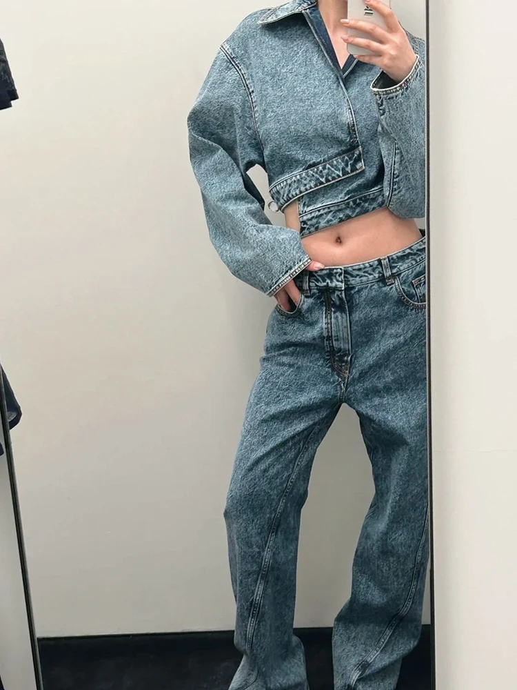 Veste en jean à revers délavé, taille haute, col court, y2k, courte asymétrique, nouvelle collection printemps/été 2025