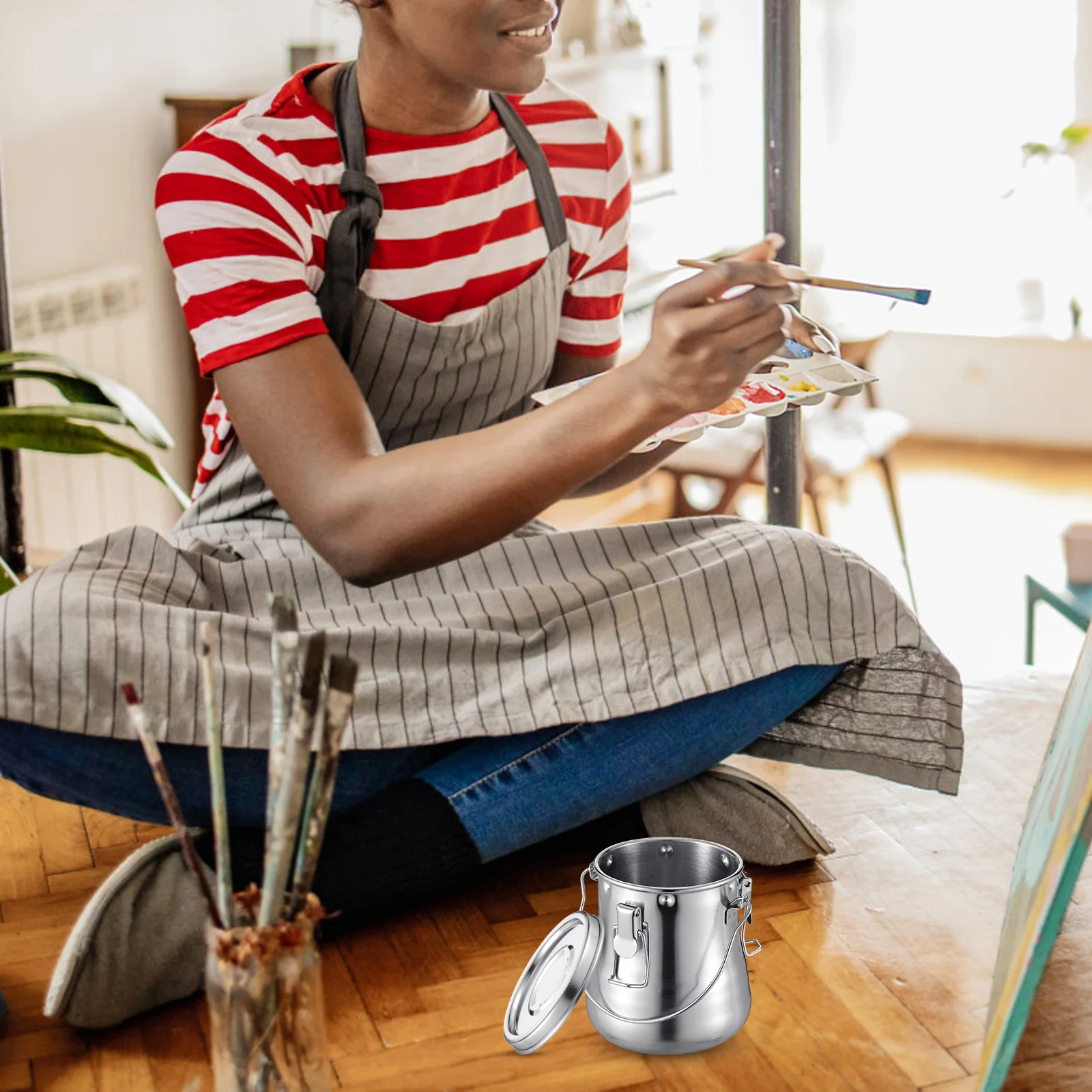 

L Size Stainless Steel Painting Washing Bucket with Cover Portable for Outdoor Travel Art Class Brush Washer Watercolor Paint