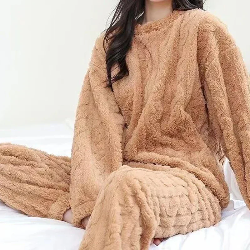 Autumn Winter Women Solid Warm 2 Piece Sets Thicken Velvet Ribbed Fleece Set Pullover And Pants Women Casual Pajama Sets 2024