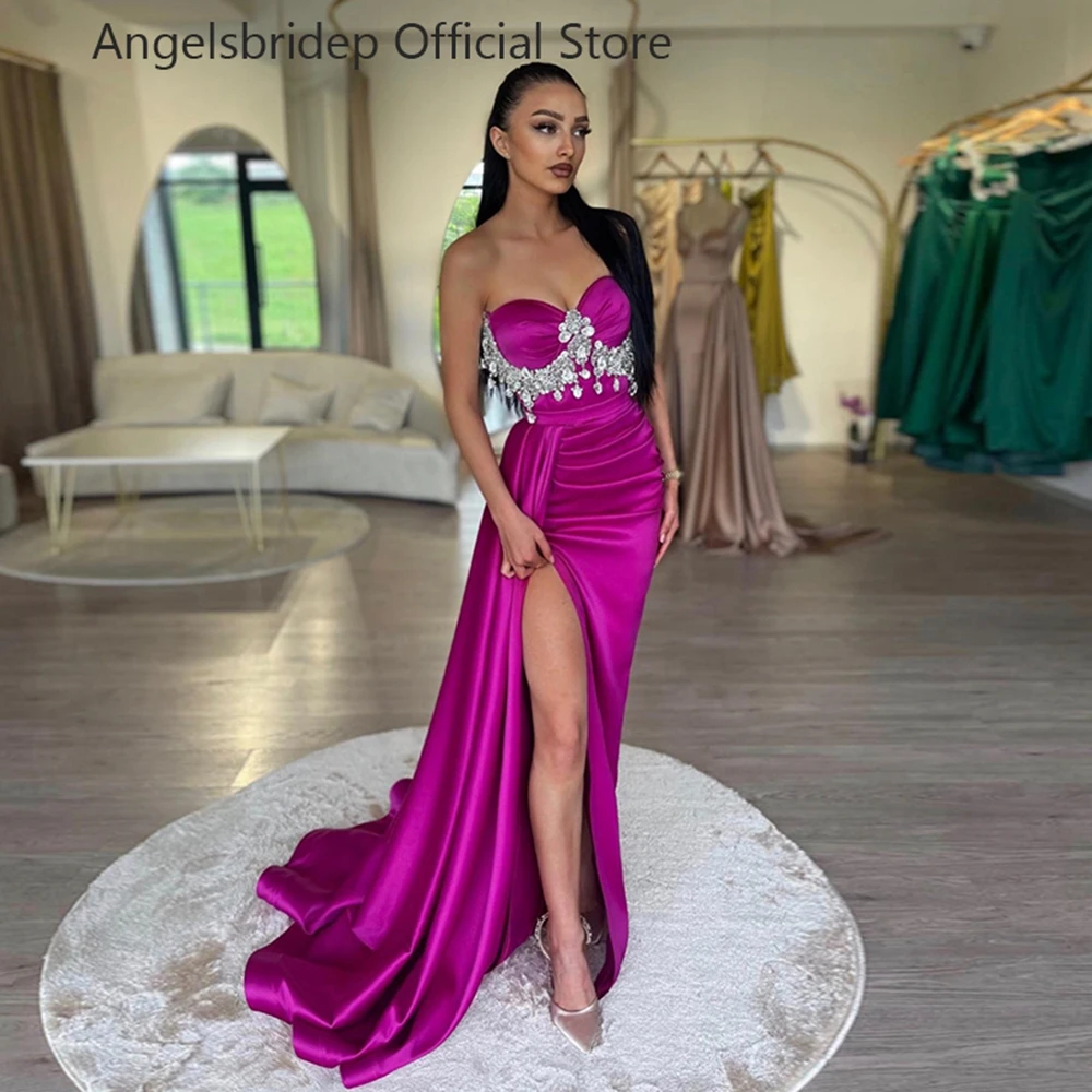 

Angelsbridep Fuchsia Mermaid Evening Dresses Vestidos De Fiesta Sweetheart Crystals Dubai Formal Gowns Leg Slit Evening Gowns