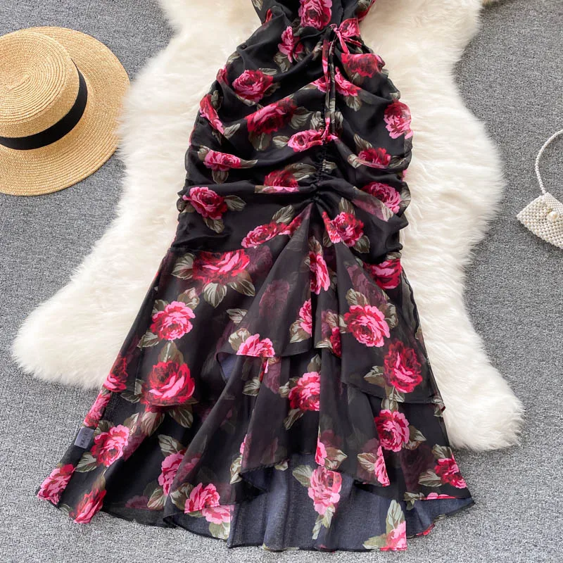 Vintage chiffon print Elegant V-neck Dress ruffle Casual High Waist  Women Summer  Mermaid sweet dresses