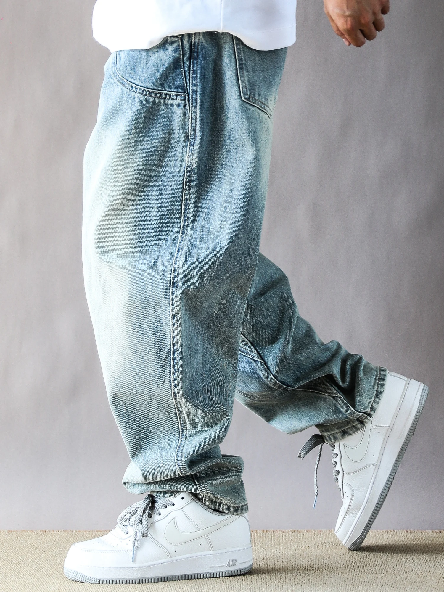 

Американские винтажные джинсы свободного кроя в уличном стиле для мужчин, повседневные брюки с низкой посадкой, эффект потертости, весна-осень