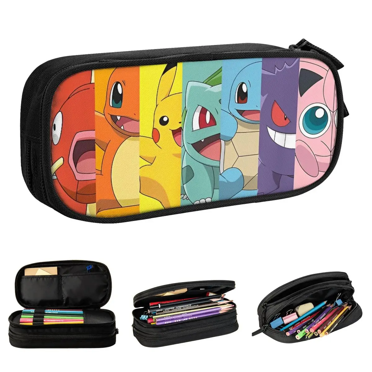 bolsa de lapis grande para mulheres bolsa de maquiagem dupla retrato do grupo pokemon material de escritorio arco iris presente surpresa 01