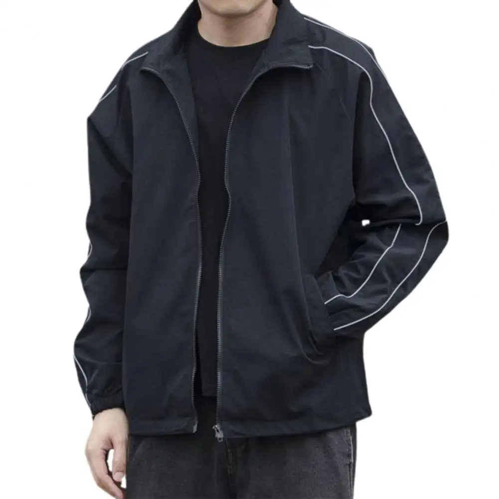 Black Coat with White Stripe Sleeves Men Black Lapel Jacket Stylish Men's Casual Windbreaker Jackets with Lapel Striped Sleeves