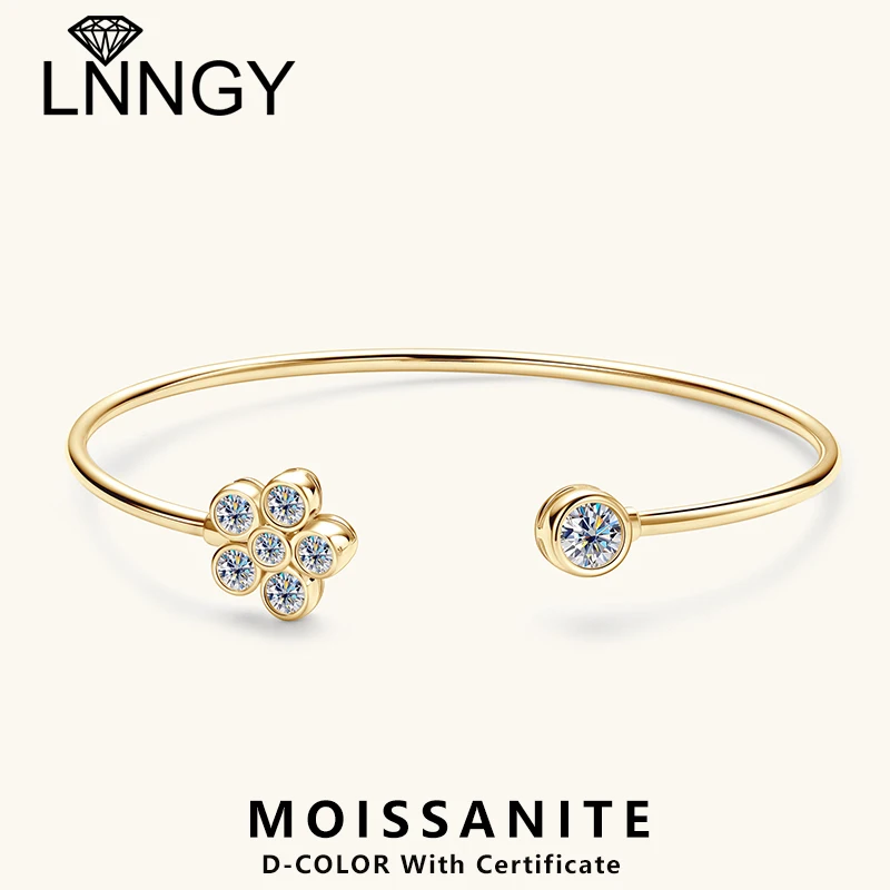 

Lnngy Exquisite Flower Cuff Bracelet Bezel Moissanite Adjustable Bracelets For Women Girl 925 Sterling Silver Wrist Jewelry Gift