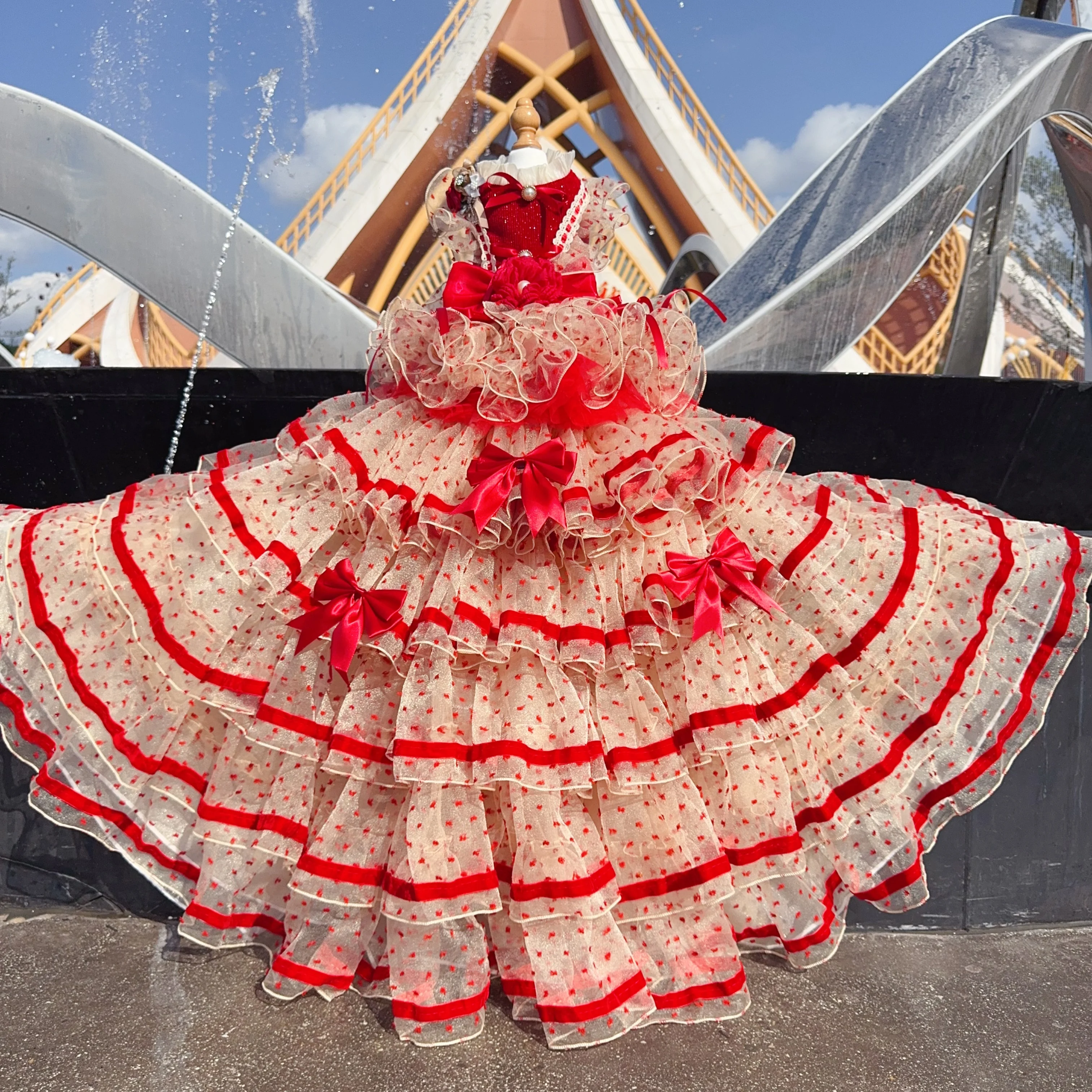 

High-end Handmade Pet Dog Clothes Luxury Red Dot Print Bow Long Tail Photography Dresses For Small Medium Dog Fine Puppy Outfits