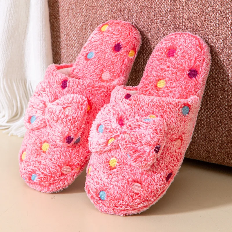 Women\'s Warm Home Slippers Cute Autumn Winter Bow Warmth Thick Plush Non-Slip Leisure Shoes Soft Bedroom Floor Flat Slides