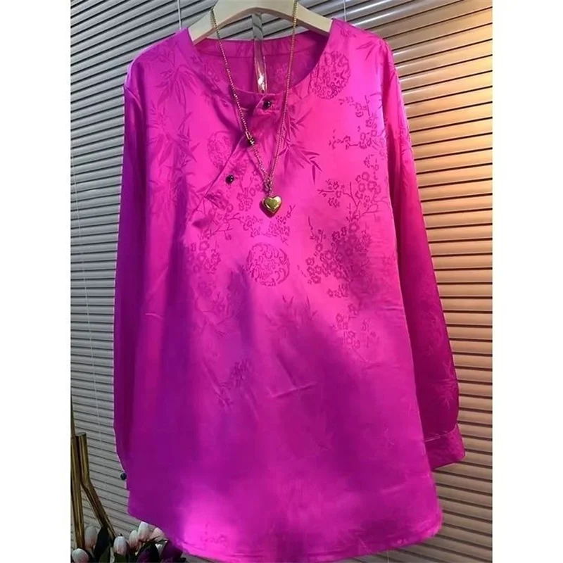 

Literary Thin Rose Red Satin Summer Blouse Loose O Neck Long Sleeve Floral Print Shirt Women Soft Silk Long Top