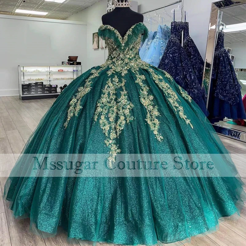 Amazing Green Lace Princess Quinceanera Dresses Off Shoulder Beading Appliques Celebrity Dress Sweet 16 Vestidos De 15 Anos 2022