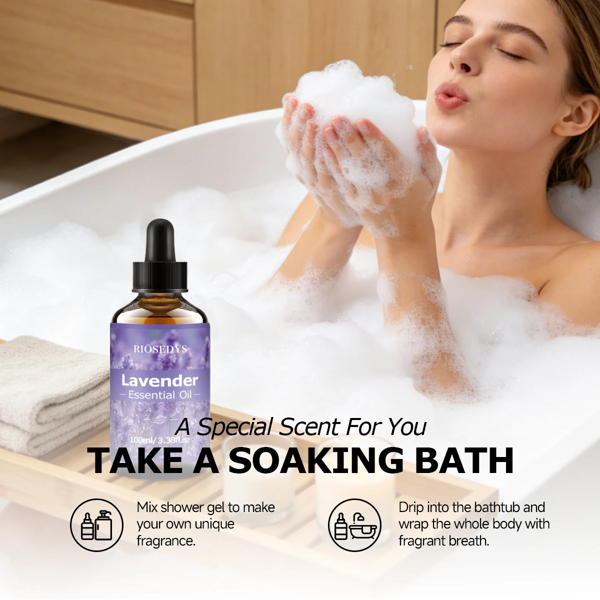 Lavender Essential Oil: 30ml / 60ml / 100ml. Suitable for skincare and massage. A nourishing formula, ideal for daily use.