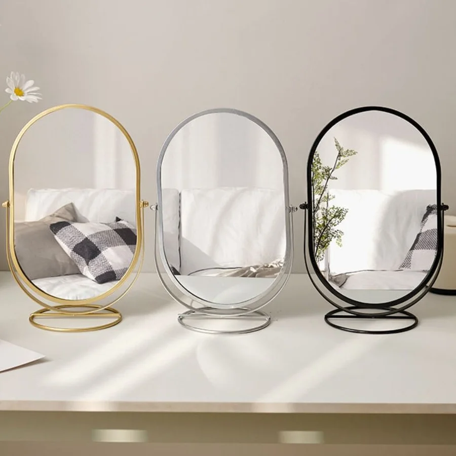 IJzeren kunst 360° °   Draaibare make-upspiegel licht luxe ijzeren frame make-upspiegel woondecoratie ovale desktop standaard spiegel slaapkamer
