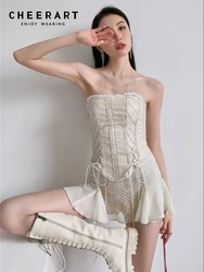 CHEERART Renaissance 2 Piece Bandage Corset Top Leather Cross Backless Tube Top Beige Bustiers Corsets Vintage Summer Top