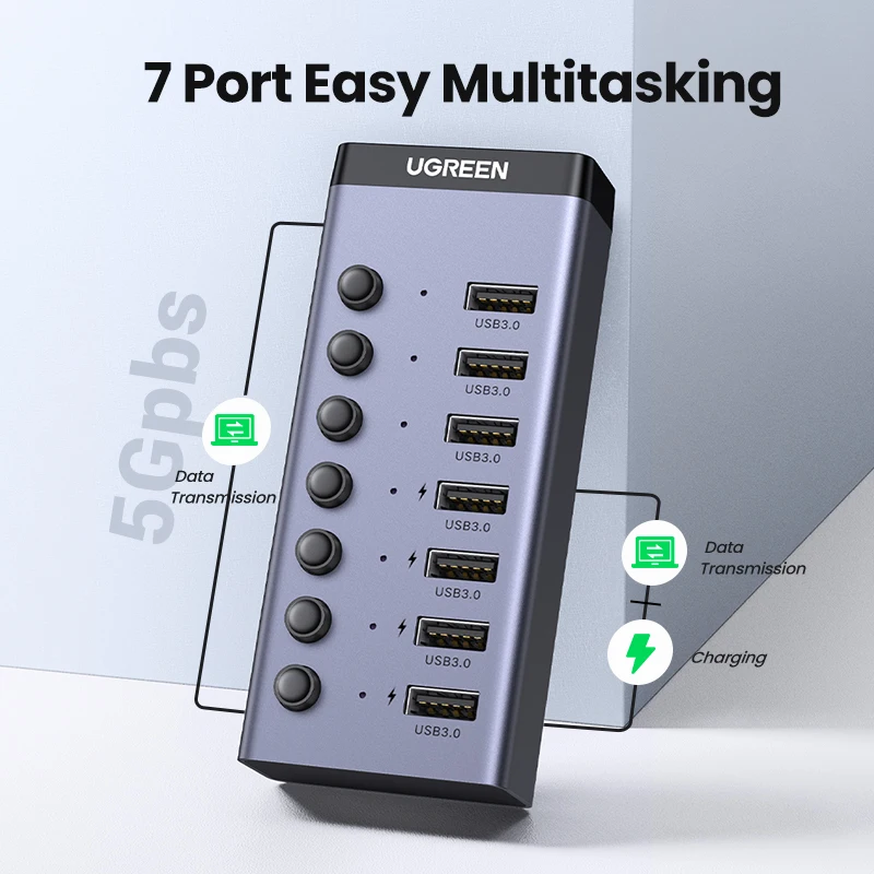 (RU Special) UGREEN USB Splitter USB-A to USB3.0 7Ports 5Gbps Plug & Play Individual Switch